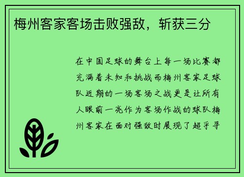 梅州客家客场击败强敌，斩获三分