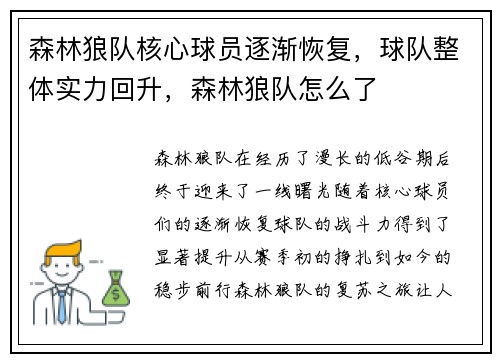 森林狼队核心球员逐渐恢复，球队整体实力回升，森林狼队怎么了