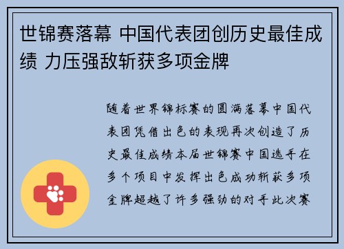 世锦赛落幕 中国代表团创历史最佳成绩 力压强敌斩获多项金牌