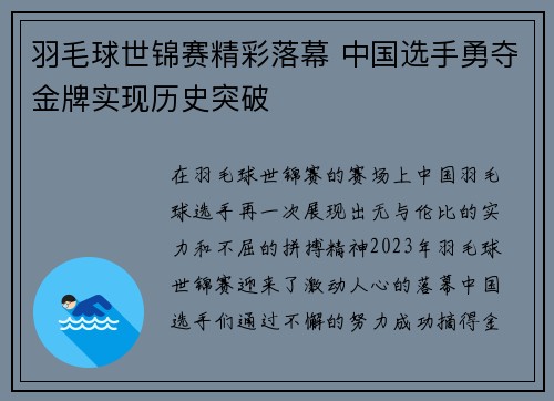 羽毛球世锦赛精彩落幕 中国选手勇夺金牌实现历史突破