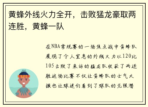 黄蜂外线火力全开，击败猛龙豪取两连胜，黄蜂一队